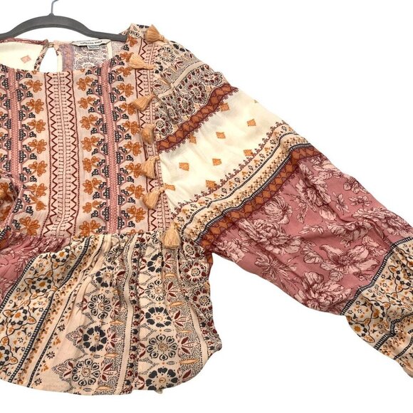 American Eagle Womens Boho Floral Patchwork Long Sleeve Peplum Blouse XS Tassel - Picture 9 of 11